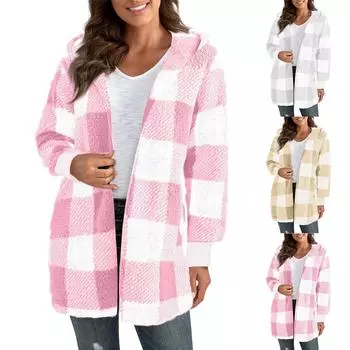 Женские зимние пальто, теплые плюшевые куртки, открытый спереди, длинный рукав, кардиган, модная клетчатая пушистая верхняя одежда L розовый