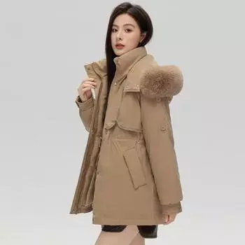 Женские зимние парки с капюшоном, новые модные толстые теплые куртки на молнии для женщин, верхняя одежда в корейском стиле, стеганое пальто с воротником из искусственного меха M армия зеленый