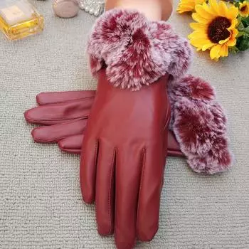 Женские зимние перчатки из искусственного кроличьего меха, искусственная кожа, варежки с сенсорным экраном, женские уличные теплые перчатки для вождения чёрный