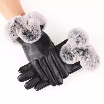 Женские зимние перчатки из искусственной кожи с сенсорным экраном и мехом кролика для езды на велосипеде и вождения на открытом воздухе One size