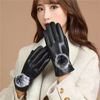 Женские зимние перчатки с меховыми шариками из искусственной кожи для сенсорных экранов — ветрозащитные и с бархатной подкладкой для езды на велосипеде One Size чёрный