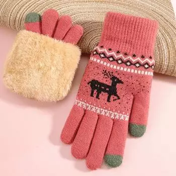 Женские зимние перчатки с толстой флисовой подкладкой, теплые трикотажные перчатки, совместимые с сенсорным экраном, противохолодные, мягкие перчатки 1 pair чёрный