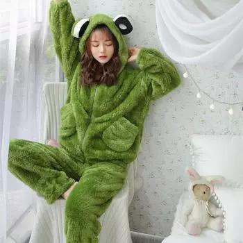 Женские зимние пижамные комплекты из фланели с капюшоном, милой вышивкой, свободного покроя, зимняя одежда для сна, домашняя одежда из кораллового бархата в стиле пэчворк с милыми карманами M зелёный