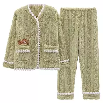 Женские зимние пижамы, плюс бархатные и утолщенные фланелевые пижамы, симпатичные теплые пижамы с длинными рукавами, свободная домашняя одежда из кораллового бархата M