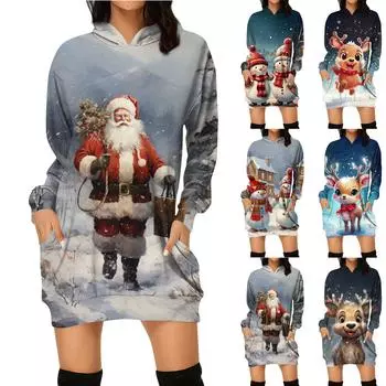 Женские зимние платья Модные женские рождественские принты Письменный принт Карманы с капюшоном Платье-толстовка L