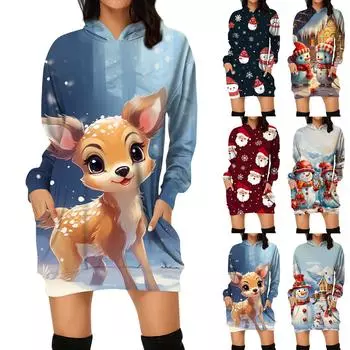 Женские зимние платья Модные женские рождественские принты Письменный принт Карманы с капюшоном Платье-толстовка XXL винный