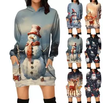 Женские зимние платья Модные женские рождественские принты Письменный принт Карманы с капюшоном Платье-толстовка XXL