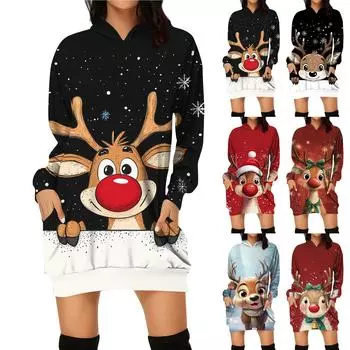 Женские зимние платья Модные женские рождественские принты Письменный принт Карманы с капюшоном Платье-толстовка L чёрный