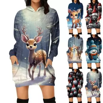 Женские зимние платья Модные женские рождественские принты Письменный принт Карманы с капюшоном Платье-толстовка XL красный