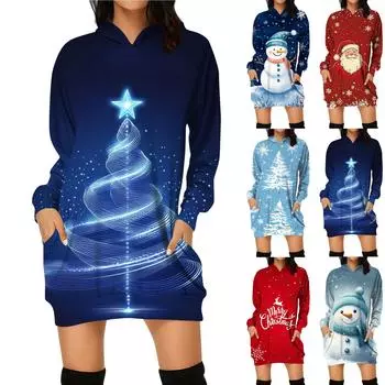 Женские зимние платья Модные женские рождественские принты Письменный принт Карманы с капюшоном Платье-толстовка S