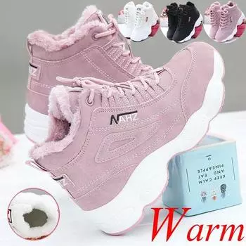 Женские зимние плюшевые бархатные теплые хлопчатобумажные туфли Зимние теплые хлопковые сапоги Высокие кроссовки Женские повседневные кроссовки на танкетке на массивном каблуке Меховые сапоги на платформе 41 белый