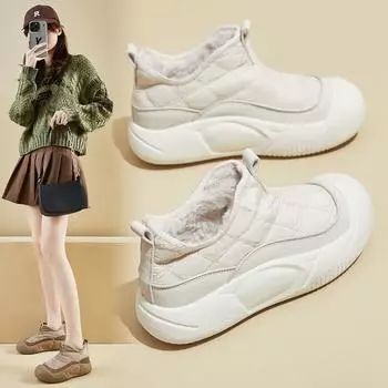 Женские зимние плюшевые ботинки 2024 года в корейском стиле, теплая повседневная обувь из хлопка на толстой подошве XW5811 37 грязно-белый