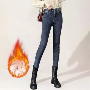 Женские зимние плюшевые джинсы с высокой талией, подкладка из толстого бархата, облегающие брюки-карандаш, застежка-молния на пуговицы, карманы, прямые брюки для улицы 29