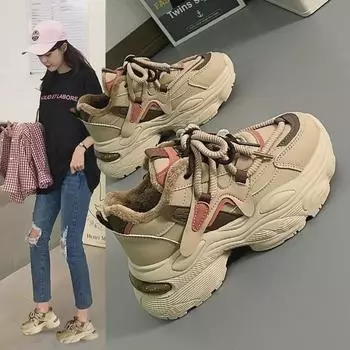 Женские зимние плюшевые кроссовки Dad 2024 года: Универсальные, увеличивающие рост, модные спортивные туфли G17-1 39 чёрный