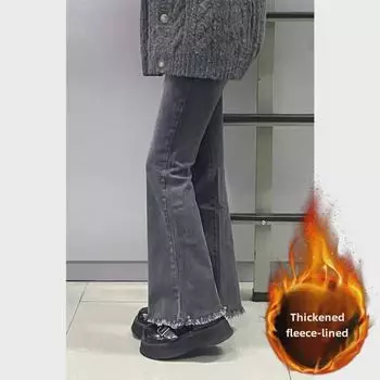 Женские зимние плюшевые расклешенные джинсы - высокая талия, облегающий крой, необработанный край L