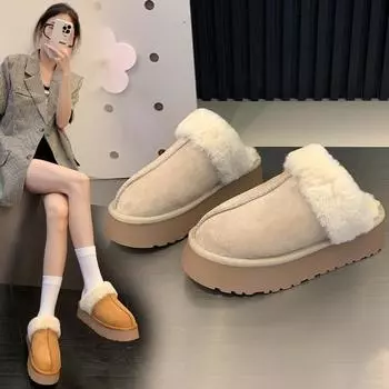 Женские зимние плюшевые сандалии, меховые тапочки, роскошные шлепанцы на платформе, женские дизайнерские туфли на толстой подошве из хлопка для дома из хлопка 35 бежевый