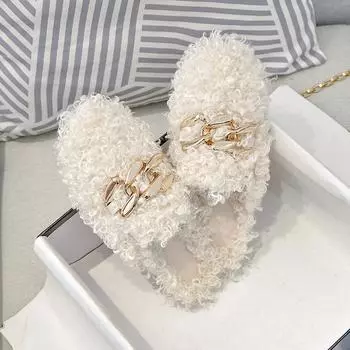 Женские зимние плюшевые тапочки, модные туфли на плоской подошве с цепочкой для улицы, офиса и дома, большие размеры 41-43, бесплатная доставка 44 слоновая кость