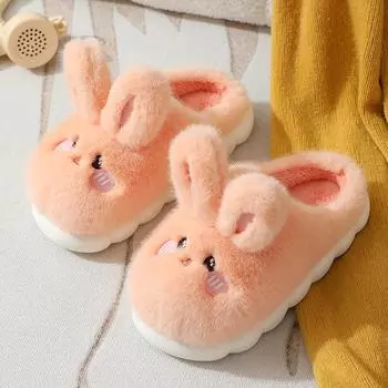 Женские зимние плюшевые тапочки с кроликом - на толстой подошве, нескользящие, мягкие, домашняя обувь