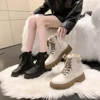 Женские зимние полусапожки, зимние сапоги, повседневные короткие сапоги для девочек, черные теплые ботильоны с мехом, большие размеры EU: 38 чёрный