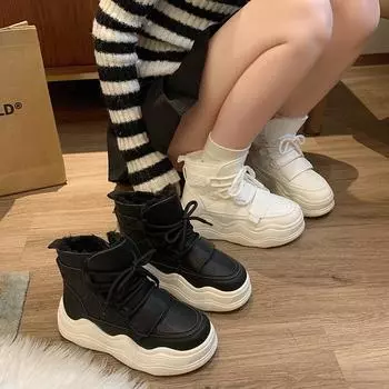 Женские зимние повседневные ботинки на толстой платформе для снега с нескользящей подкладкой из искусственного меха, короткие ботильоны, теплые прогулочные ботинки на шнуровке, высокие кроссовки для женщин 35 бежевый