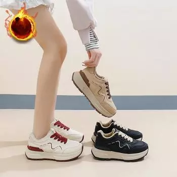 Женские зимние повседневные кроссовки для бега на толстой платформе с подкладкой из искусственного меха, нескользящие кроссовки для ходьбы на шнуровке, теплые теннисные кроссовки с флисовой подкладкой для женщин 35 чёрный