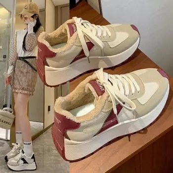 Женские зимние повседневные кроссовки на толстой платформе, нескользящие, удобные, для ходьбы, с подкладкой из искусственного меха, со шнуровкой, теплые кроссовки для бега, теннисная обувь для женщин 35