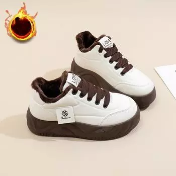 Женские зимние повседневные кроссовки на толстой платформе с подкладкой из искусственного меха, нескользящие кроссовки для ходьбы со шнуровкой, теплые кроссовки для бега и тенниса с подкладкой из флиса для женщин 35 бежевый