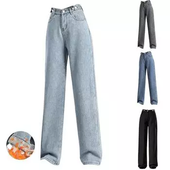 Женские зимние повседневные прямые брюки плюс флисовые джинсы теплые уличные брюки L чёрный