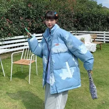 Женские зимние пуховые пальто с принтом облаков в стиле Харадзюку, женские модные толстые теплые парки оверсайз, женская корейская верхняя одежда S чёрный