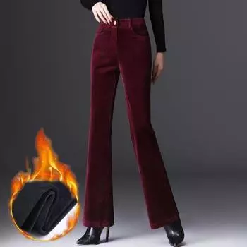 Женские зимние расклешенные брюки с высокой талией, утолщенные, плюшевые, с бархатной подкладкой, тонкие брюки, корейские теплые, офисные, вельветовые брюки XL кларет