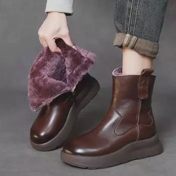 Женские зимние ретро-сапоги 2024 года из коровьей кожи и шерсти на толстой подошве 37