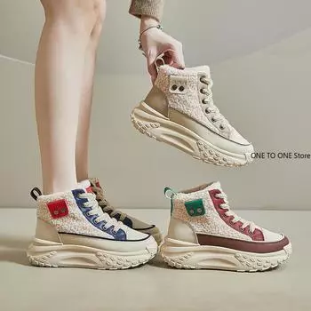 Женские зимние сапоги 2024 года, новые теплые плюшевые туфли, модные, устойчивые к холоду, на толстой подошве, со шнуровкой, увеличивающие рост, нескользящие хлопковые сапоги 35 красный