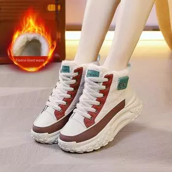 Женские зимние сапоги 2024 года, новые теплые плюшевые туфли, модные, устойчивые к холоду, на толстой подошве, со шнуровкой, увеличивающие рост, нескользящие хлопковые сапоги 35 бежевый