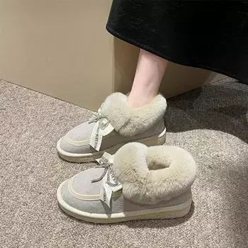 Женские зимние сапоги 2024 года, новые зимние сапоги с бантом на толстой подошве, плюшевые термосапоги из хлопка, сапоги на платформе, женские сапоги, мода, комфорт 35 бежевый