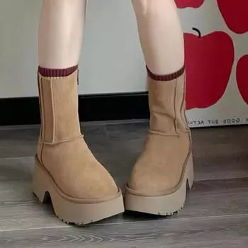Женские зимние сапоги 2024 года, продажа новых сапог из искусственной замши с толстой подошвой и высоким каблуком, зимние плюшевые теплые женские сапоги до середины икры 35 каштановый