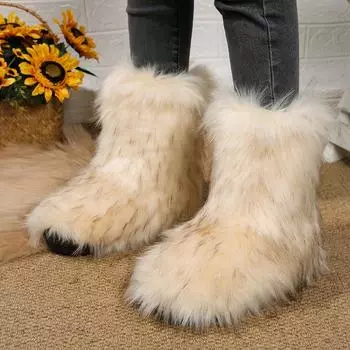Женские зимние сапоги 2024 года, женские пушистые плюшевые теплые зимние сапоги, роскошная обувь, женские меховые сапоги, зимняя обувь 2024able 36 бежевый