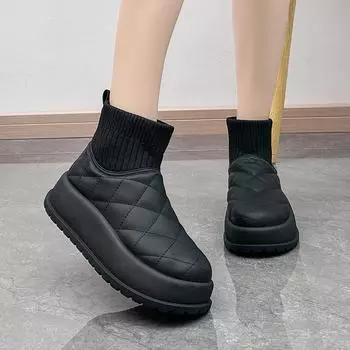 Женские зимние сапоги 2025 года, новые зимние повседневные теплые ботильоны в корейском стиле, модные сапоги на толстой танкетке, эластичные сапоги-чулки 35 бежевый