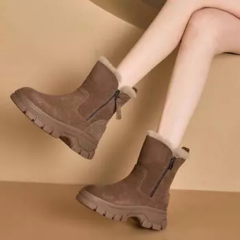 Женские зимние сапоги 2025 года, осень/зима, новые однотонные плюшевые зимние сапоги, на молнии, с толстой подошвой, нескользящие, теплые сапоги 35 чёрный