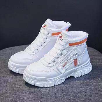 Женские зимние сапоги 2025 года, зимние плюшевые теплые кроссовки, модные, устойчивые к холоду, на толстой подошве, со шнуровкой, увеличивающие рост, нескользящие хлопковые сапоги 35 чёрный