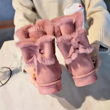 Женские зимние сапоги элегантные на низком каблуке женские туфли замшевые полувысокие до середины голени круглый носок розовые противоскользящие тренд 2024 Furry Gyaru 35