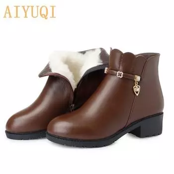 Женские зимние сапоги, большие размеры, теплые женские зимние ботинки из натуральной кожи и шерсти, модные коричневые женские полусапожки