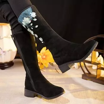 Женские зимние сапоги для снега, теплые, на низком толстом каблуке, высокие, до колена, с вышивкой, с подкладкой из искусственного меха, ботинки для ходьбы длиной до середины голени, женская обувь 35