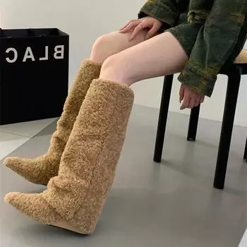 Женские зимние сапоги до бедра, меховые сапоги, сапоги до бедра, сапоги-брюки, женские модные сапоги на танкетке с острым носком до колена 2024 35