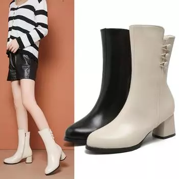 Женские зимние сапоги до середины голени, корейские модные сапоги с круглым носком и молнией сбоку, на толстом каблуке, модные женские плюшевые теплые сапоги на высоком каблуке 35