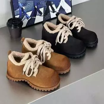 Женские зимние сапоги из искусственной замши, нескользящие ботильоны на шнуровке с меховой подкладкой, теплые, удобные, пушистые, короткие ботинки для прогулок на открытом воздухе, обувь для женщин 35 чёрный