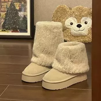 Женские зимние сапоги из коровьей замши длиной до середины голени с фланцем, новые, горячая распродажа, зимняя женская обувь на низком каблуке, однотонные женские сапоги с круглым носком 38 бежевый