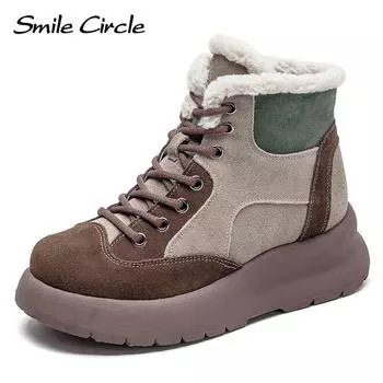 Женские зимние сапоги из натуральной кожи, плюшевые сапоги с блокировкой цветов на толстой подошве, винтажные модные женские ботинки 35 серый