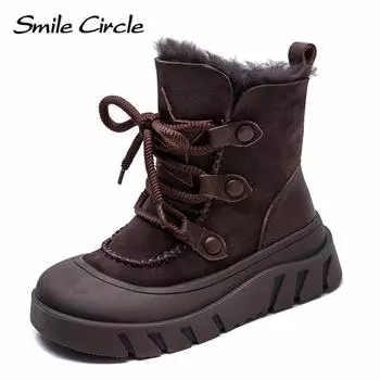Женские зимние сапоги из натуральной кожи, шерстяные сапоги на шнуровке с толстой подошвой, модные удобные женские сапоги 35