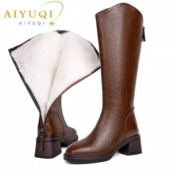 Женские зимние сапоги из натуральной кожи, натуральная шерсть, теплые женские рыцарские сапоги с квадратным носком, молнией сзади, в стиле вестерн, женские ковбойские сапоги 35