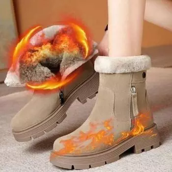 Женские зимние сапоги из овчины, теплые, из натуральной шерсти, пушистый мех, нескользящие, на платформе, до середины голени, женские сапоги на толстом каблуке 35 чёрный